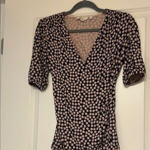 Boden Black and Pink Polka Dot V-Neck Blouse